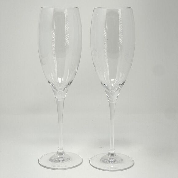 DOM PERIGNON Champagne Flutes Etched Shield Logo Crystal 9" France Set Of 2 - Picture 1 of 8